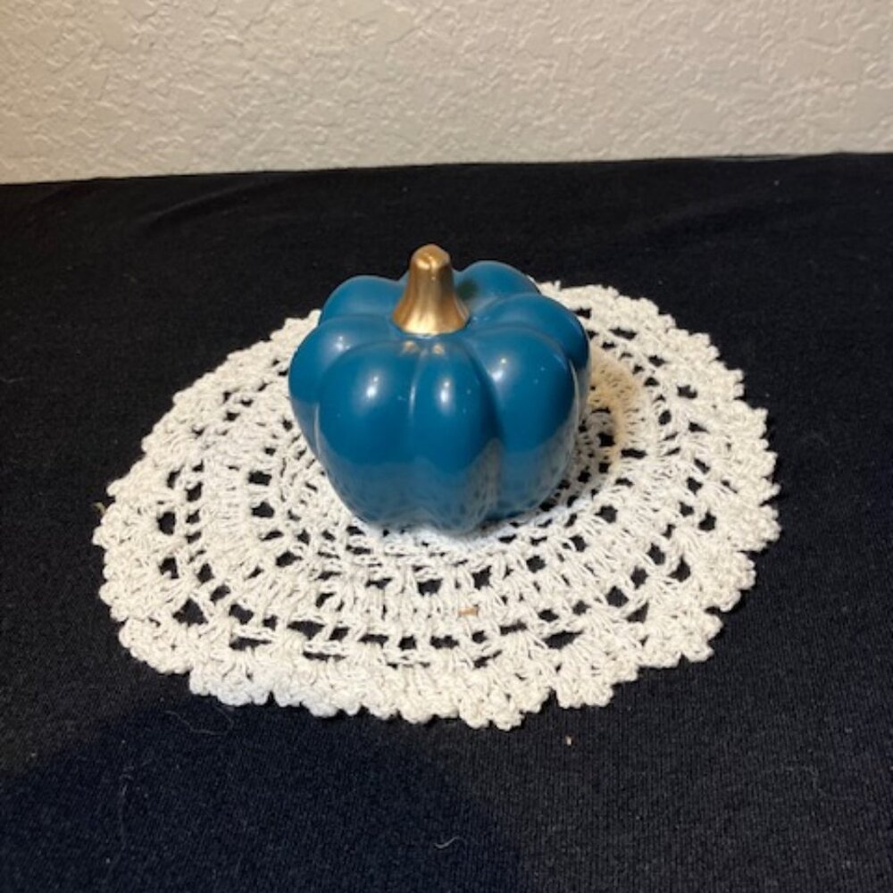 Fall Decor 2.5" Blue Pumpkin and a 6" Diameter Crocheted Doily